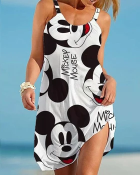 Сексуальное платье с мультяшным принтом Disney Minnie, женские мини-платья без рукавов на бретелях, элегантное платье в стиле бохо, женское пляжное праздничное платье Vestidos