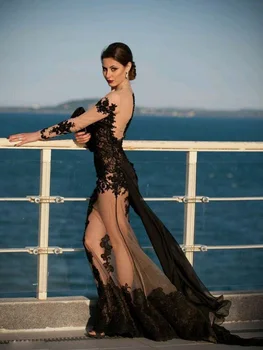 Сексуальное черное вечернее платье-русалка, Иллюзионный тюль с цветочной аппликацией, длинные рукава, молния с застежкой на пуговицы сзади, выпускные платья