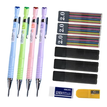 Симпатичный механический пластиковый карандаш 2,0 мм 2B школьный 12 цветов, свинцово-черный, заправки, ластик, точилка, ученик пишет, рисует, зарисовывает