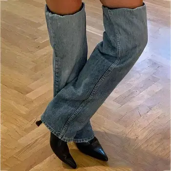 Синие джинсовые плиссированные сапоги до колена, джинсовые сапоги с острым носком на низком каблуке, женские длинные сапоги без застежки на высоком каблуке, прямая поставка