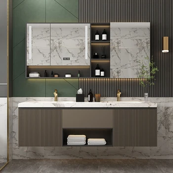 Современная роскошная каменная плита, встроенный умывальник, шкаф для ванной комнаты, комбинированная стиральная машина, европейский умывальник в Тайбэе.