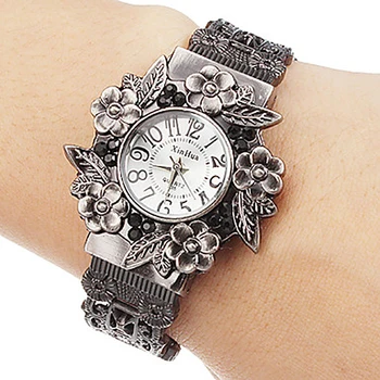 Старинные женские часы-браслет С модным резным цветочным циферблатом Из нержавеющей Стали Кварцевые наручные часы Повседневные женские часы в стиле модерн