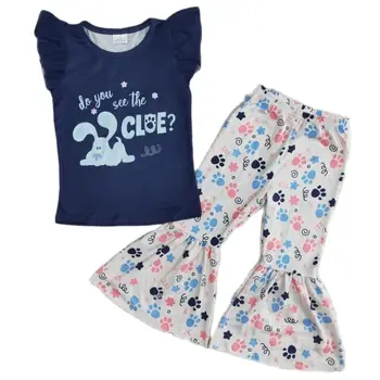 Темно-небесно-голубые комплекты с летними рукавами для маленьких девочек, расклешенные брюки снизу