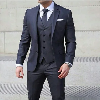 Темно-синие деловые мужские костюмы Slim Fit, смокинг жениха из 3 предметов для свадьбы с брюками, мужской модный пиджак, жилет, официальный костюм