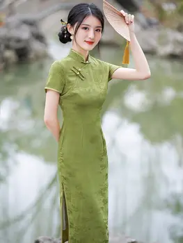 Традиционный китайский воротник-стойка, Атласный Ципао с коротким рукавом, Модное винтажное платье Чонсам в стиле ретро Для женщин и девочек длиной до колен