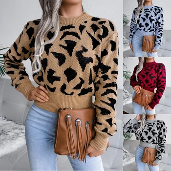Трикотажные женские свитера в модном осенне-зимнем стиле в Европе, а леопардовые свитера для отдыха принимают вязаные свитера с поясом