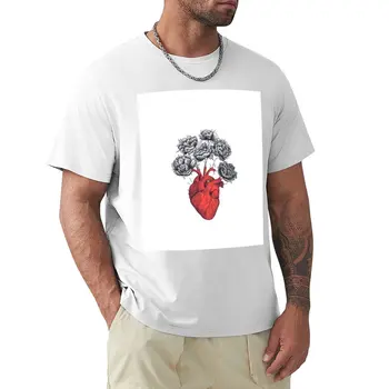 Футболка с сердцем и пионами, футболки больших размеров, одежда kawaii, милые топы, мужские хлопковые футболки