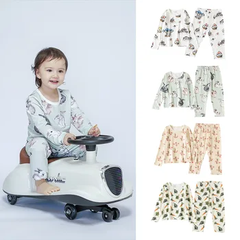 Хлопчатобумажные комплекты детской одежды для малышей, Пижамный комплект с милым мультяшным рисунком, Домашний Пижамный комплект с длинным рукавом, пижамы, Детская одежда