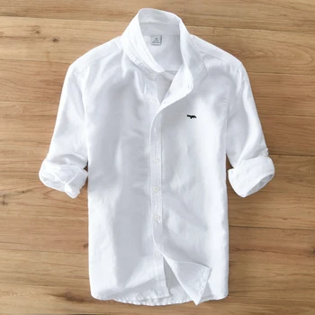 Хлопчатобумажные льняные мужские рубашки с длинными рукавами, летняя однотонная приталенная одежда, Повседневный пляжный стиль, Новый дизайн, логотип 601