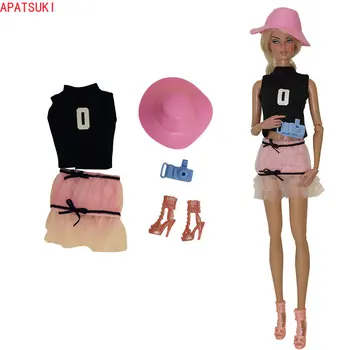 Черно-розовый Модный кукольный наряд для Барби, топ, юбка, Шляпа, Обувь, Поддельная камера, игрушки для куклы Барби, Комплект одежды, аксессуары для кукол 1/6