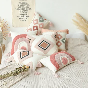 Чехол для подушки в стиле бохо, розовые подушки с геометрической вышивкой и кисточками, декоративная наволочка для дома в стиле Ins с кисточками для гостиной