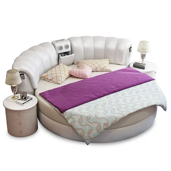 Шикарный каркас кровати мебель для спальни camas кровать двуспальная кровати с подсветкой, круглая массажная кровать из натуральной кожи + 2 прикроватные тумбочки