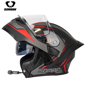 Шлем SOMAN Bluetooth с откидывающимся козырьком, Двойной объектив, Крутой Мотоциклетный Полнолицевой Шлем Casco, Черные Мотоциклетные шлемы Модульные