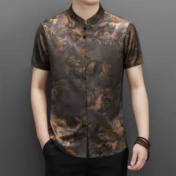 Элегантная винтажная блузка с принтом в традиционном китайском стиле, мужские рубашки из гладкого шелка с воротником-стойкой Tang Hanfu Oriental Clothing