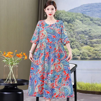 Элегантные Свободные платья для женщин среднего возраста, повседневные длинные платья с коротким рукавом, Лето 2023, Женская одежда в корейском стиле
