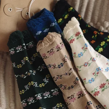 Японские Кавайные Новые Черно-зеленые Женские носки с модным цветочным принтом Harajuku, женские носки в стиле ретро, носки в стиле Лолиты с кружевными оборками и рюшами