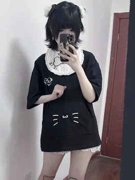 Японские футболки Kawaii Fashion Harajuku, Свободные повседневные черные топы, женские футболки Y2k с эстетичным мультяшным принтом, Camisetas