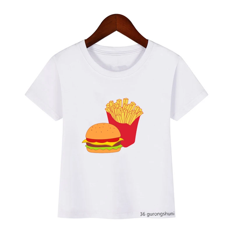 новый летний стиль, детская футболка с рисунком бургера, картошки фри и колы, графический принт, летняя повседневная футболка для мальчиков / девочек, топы в стиле хип-хоп