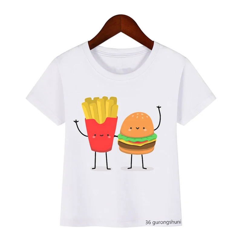 новый летний стиль, детская футболка с рисунком бургера, картошки фри и колы, графический принт, летняя повседневная футболка для мальчиков / девочек, топы в стиле хип-хоп