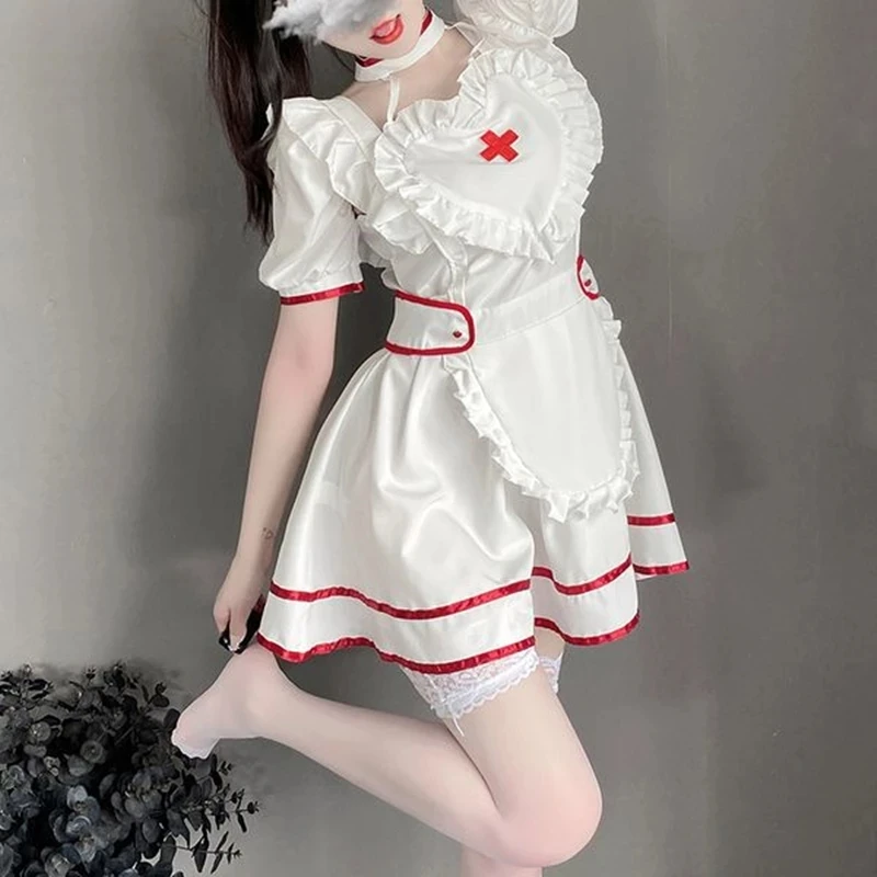 Сексуальный костюм для ролевых игр большого размера, милая ночная рубашка с открытой спиной, юбка в стиле Лолиты, комплект эротического белья, женское платье-искушение медсестры для косплея.