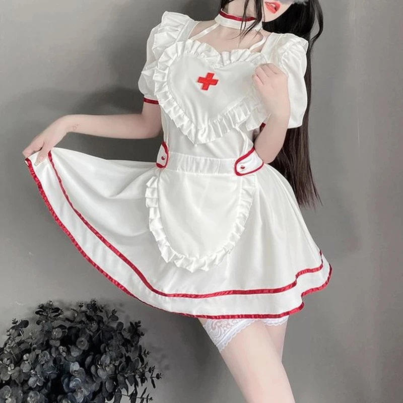 Сексуальный костюм для ролевых игр большого размера, милая ночная рубашка с открытой спиной, юбка в стиле Лолиты, комплект эротического белья, женское платье-искушение медсестры для косплея.