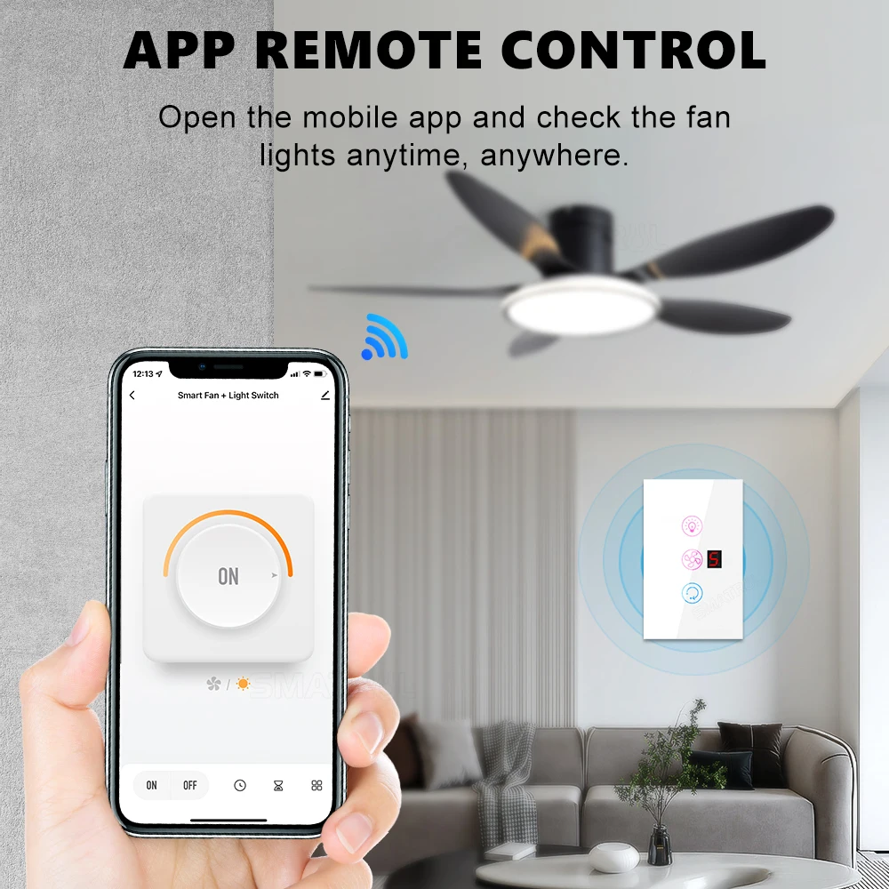 Штепсельная вилка ЕС США Tuya Smart WiFi Вентилятор Выключатель света Настенная стеклянная панель Сенсорные переключатели 1-5 Скоростей для Alexa Google Home Smart Life