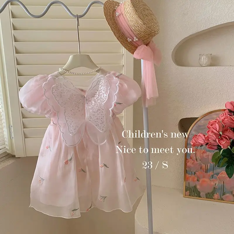 Новое летнее милое платье принцессы с круглым воротом, короткими пышными рукавами, детское праздничное платье с вышивкой и цветочной бабочкой, детская одежда