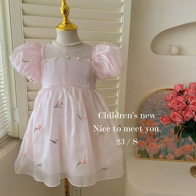 Новое летнее милое платье принцессы с круглым воротом, короткими пышными рукавами, детское праздничное платье с вышивкой и цветочной бабочкой, детская одежда