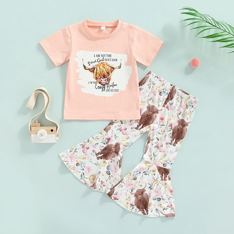 FOCUSNORM, летние комплекты одежды для девочек от 1 до 6 лет, футболки с короткими рукавами и принтом Коровы из 2 предметов + Брюки-клеш с цветочным рисунком