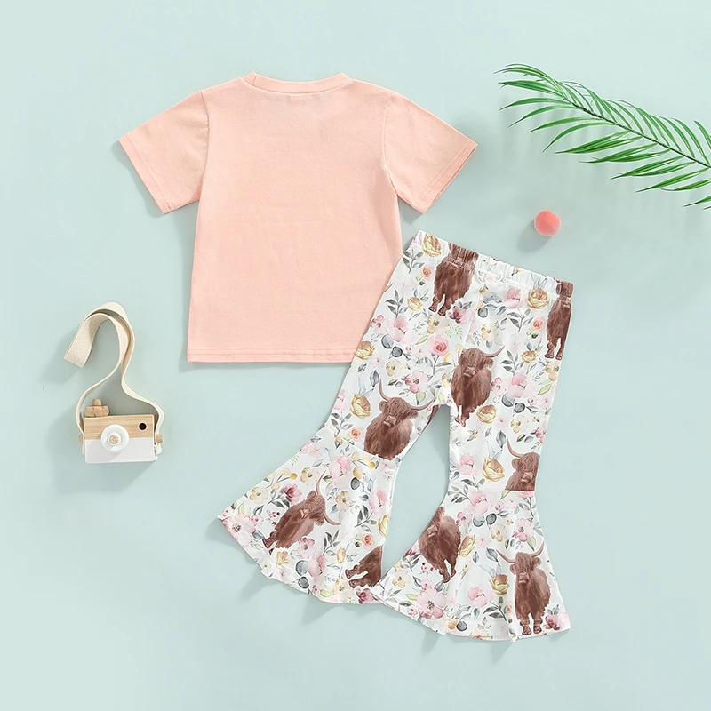 FOCUSNORM, летние комплекты одежды для девочек от 1 до 6 лет, футболки с короткими рукавами и принтом Коровы из 2 предметов + Брюки-клеш с цветочным рисунком
