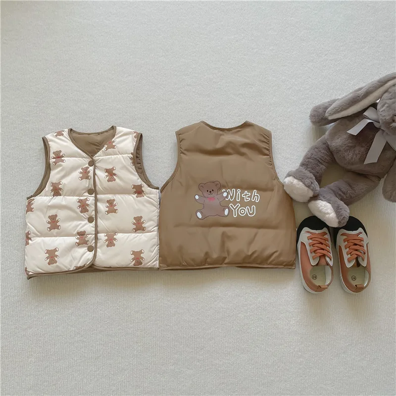 3753B Детский Пуховый Жилет 2022 Осень-Зима, Новый Корейский Модный Пуховый Жилет для девочек, Двусторонняя Одежда, Жилет Для Мальчиков