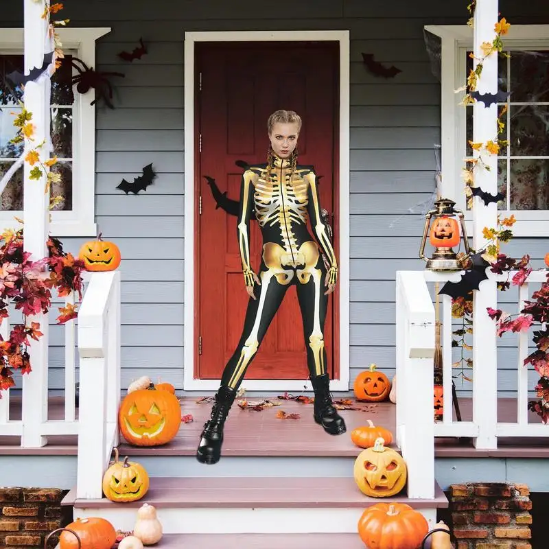 Женский комбинезон-скелет с 3D принтом, костюм для косплея на Хэллоуин с застежками-молниями, облегающий комбинезон для вечеринок на Хэллоуин