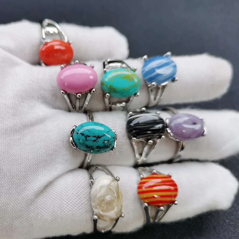 Оптовая продажа 10шт Разноцветных колец на палец из натурального камня в смешанном стиле, Женское кольцо, ювелирный подарок