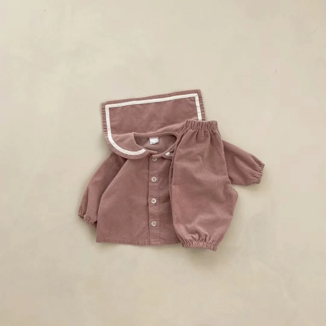 Очаровательные повседневные рубашки с длинными рукавами для маленьких девочек и мальчиков, блузка с воротником-лепестком, детские брюки, Брюки, Комплект одежды для новорожденных 2 шт.