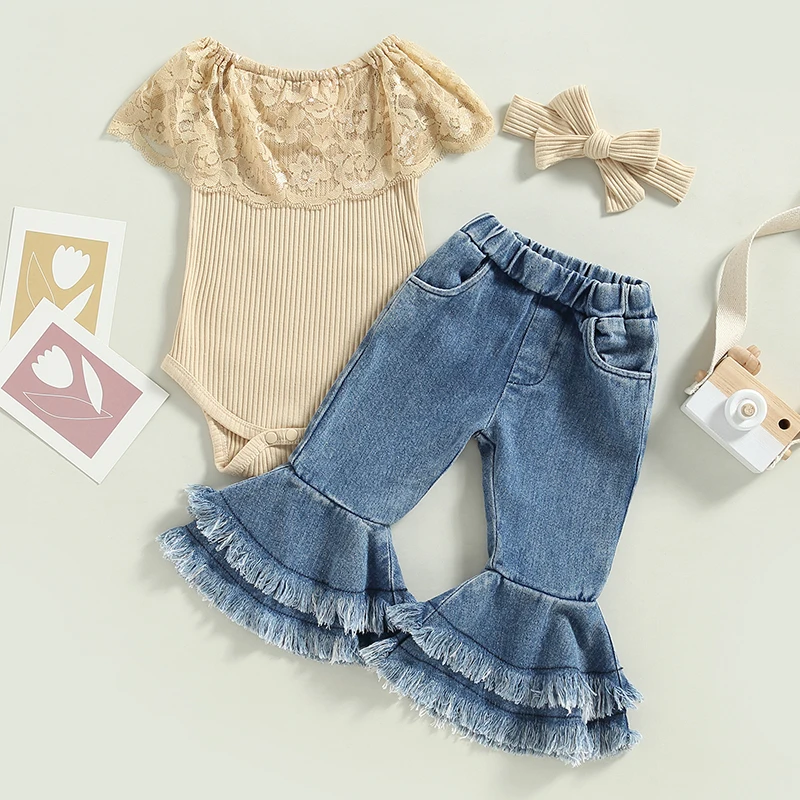 Комплекты одежды для новорожденных девочек Ma & Baby 3 м-24 м, Кружевные трикотажные ползунки с рюшами, Джинсовые Расклешенные брюки, Джинсовые наряды, Лето D01