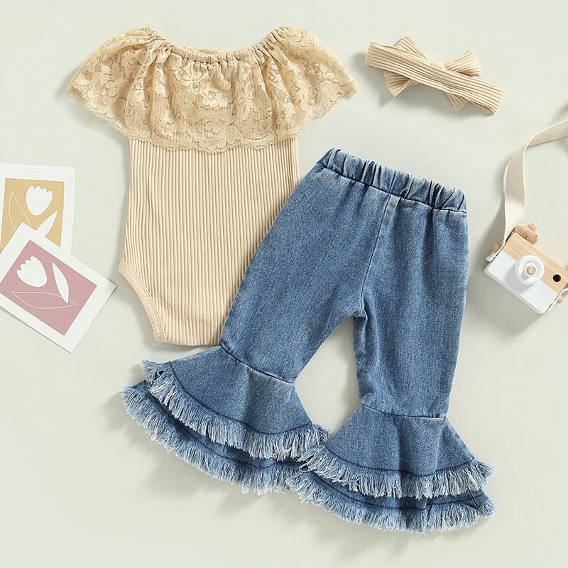 Комплекты одежды для новорожденных девочек Ma & Baby 3 м-24 м, Кружевные трикотажные ползунки с рюшами, Джинсовые Расклешенные брюки, Джинсовые наряды, Лето D01
