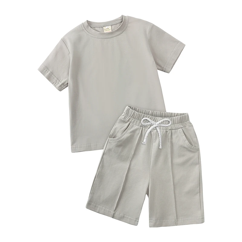 Одежда для младенцев, маленьких мальчиков и девочек, Детская футболка с коротким рукавом, топы + шорты, комплект детской однотонной летней одежды с карманами