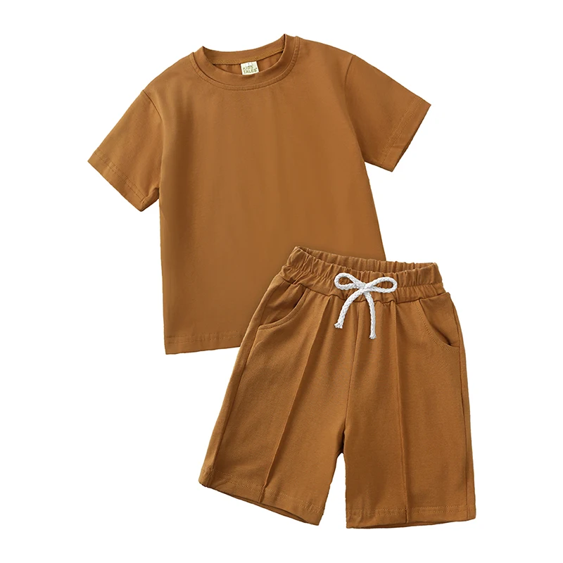 Одежда для младенцев, маленьких мальчиков и девочек, Детская футболка с коротким рукавом, топы + шорты, комплект детской однотонной летней одежды с карманами