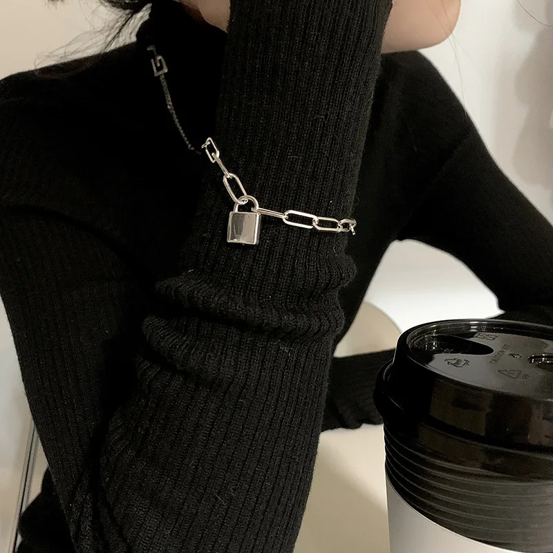 Браслет QMCOCO серебристого цвета, женский модный браслет в стиле хип-хоп, винтажный кулон с замком для пар, Толстая цепочка, ювелирные изделия, подарки на день рождения