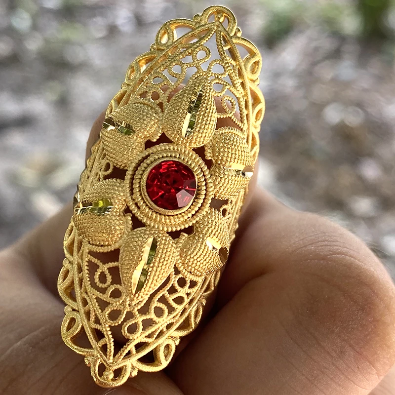 Обручальные кольца с красным камнем свободного размера для женщин Классического золотого цвета, Эритрея, Африка, 24-каратное кольцо, Ближний Восток, Ювелирные изделия оптом