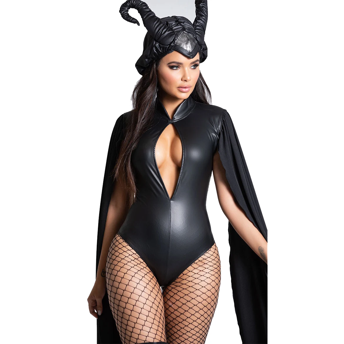 Косплей-костюм ведьмы-дьявола на Хэллоуин Для женщин, взрослых, черное сексуальное кожаное боди, головной убор с рогами, комплект одежды для карнавальной вечеринки