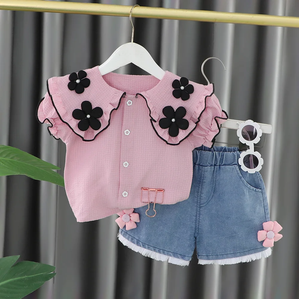 Комплект из двух предметов для девочек, летний новый комплект шорт с короткими рукавами для кукол с четырьмя цветами, модный детский набор для маленьких девочек