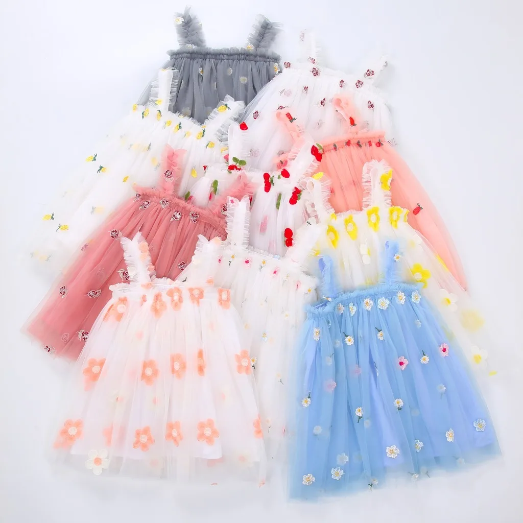Новое платье для девочки, Модные Подтяжки, Вышивка, Маленькие Цветочные Милые Платья принцессы, Юбка для девочки на 1-й День Рождения, Подарок