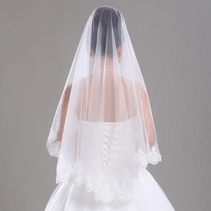 Короткая кружевная свадебная фата в 2 слоя с гребнем Белые свадебные аксессуары цвета слоновой кости 2021
