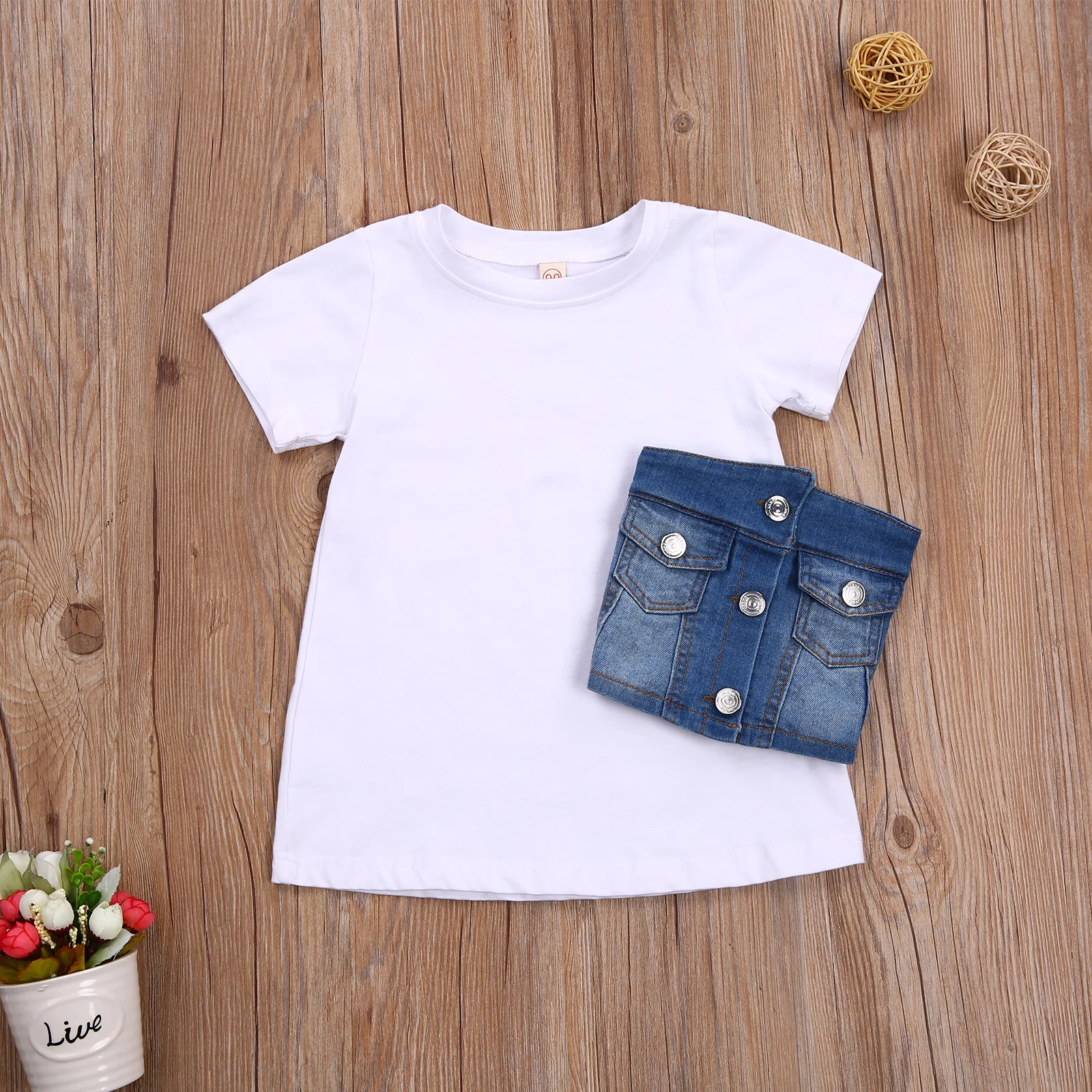 FOCUSNORM/ Комплекты летней модной детской одежды для девочек от 1 до 6 лет, однотонное платье трапециевидной формы с коротким рукавом + джинсовый синий жилет с поясом, 2 шт.