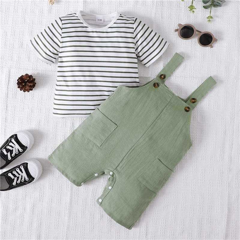 Модный комплект одежды для малышей и маленьких мальчиков, футболка в полоску с коротким рукавом и однотонные брюки на подтяжках, комбинезон