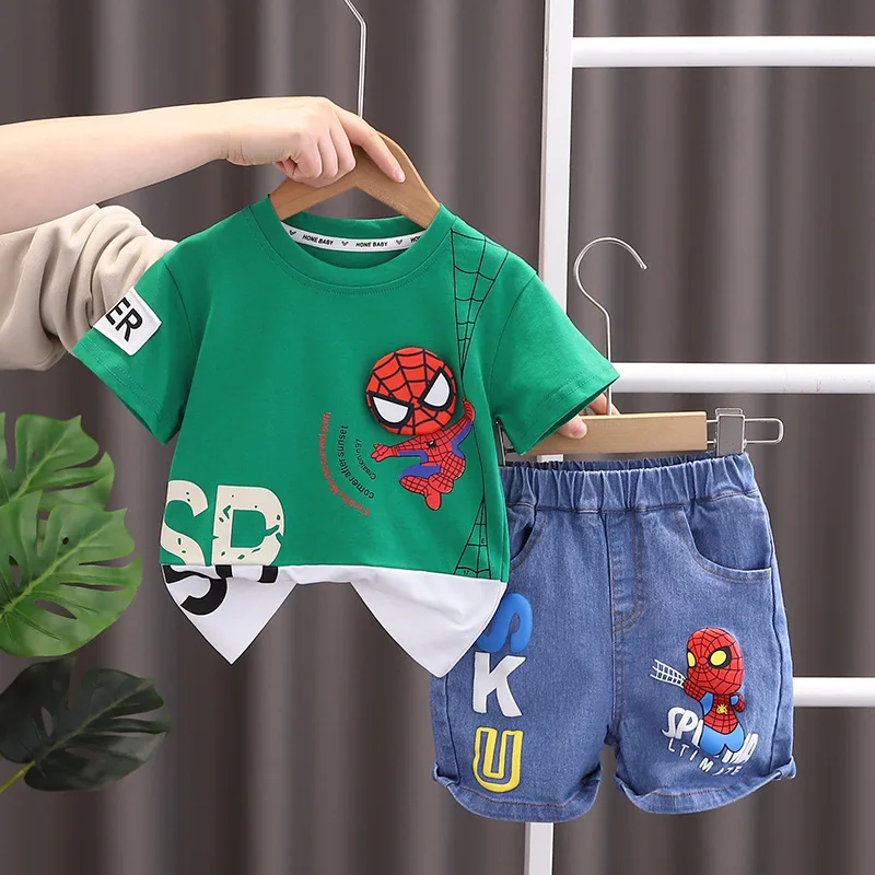 2023 Летние Комплекты Одежды с Человеком-пауком Для маленьких мальчиков, Футболка с коротким рукавом + джинсы, Детская Модная Одежда, Детские Спортивные Костюмы