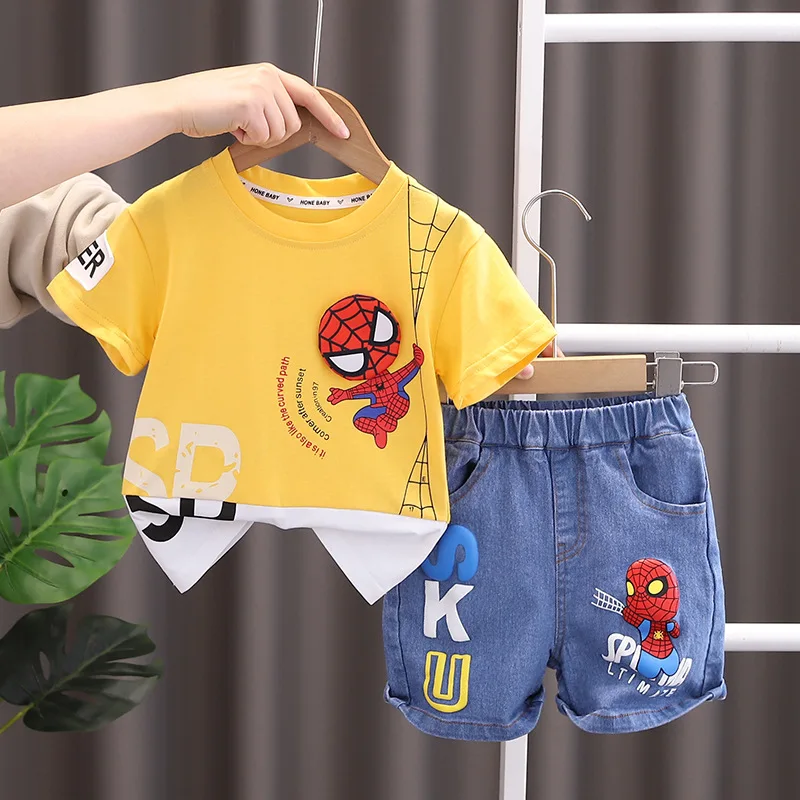 2023 Летние Комплекты Одежды с Человеком-пауком Для маленьких мальчиков, Футболка с коротким рукавом + джинсы, Детская Модная Одежда, Детские Спортивные Костюмы