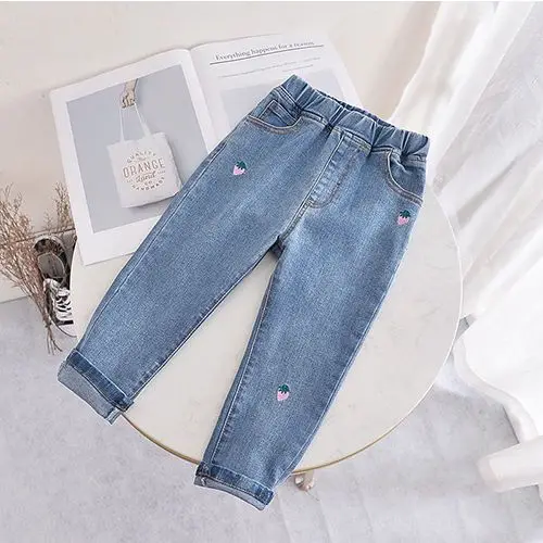 Джинсовые брюки из денима для детей, джинсы с вышивкой для девочек, весенне-летняя джинсовая детская одежда в повседневном стиле для девочек G131