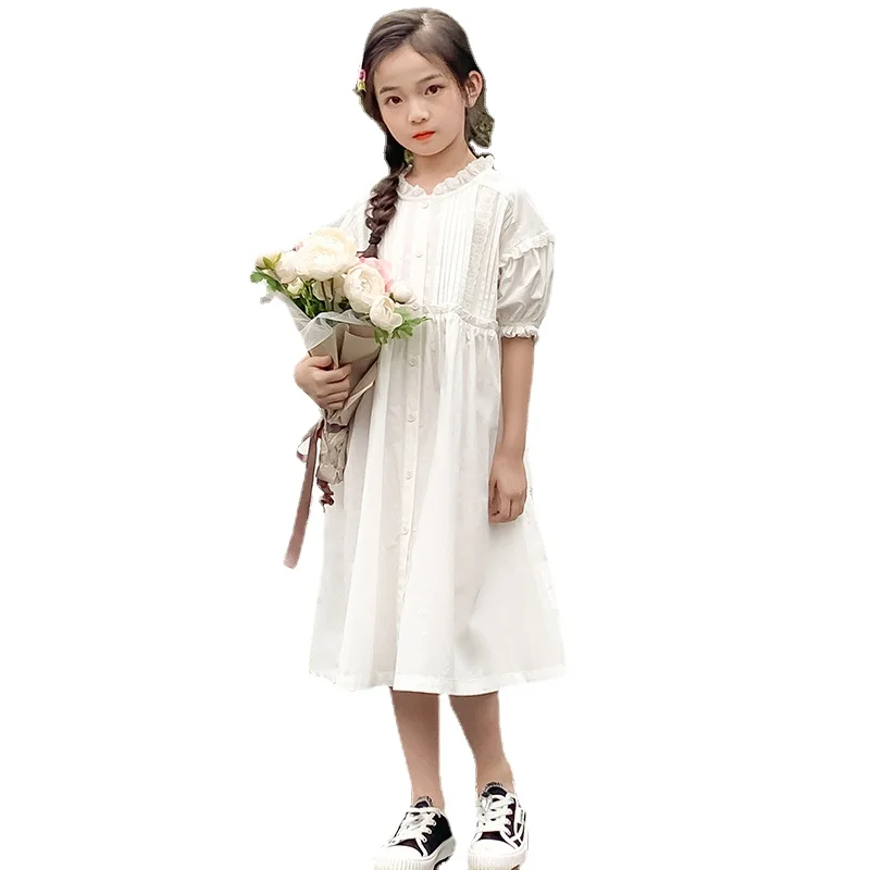 Белое платье феи для девочек, лето 2023, свободная детская одежда, детские кружевные платья принцессы, милые, #7336